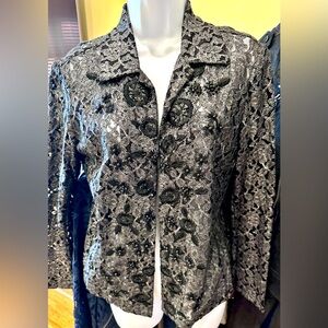 Chico’s Bejeweled Black & Grey Lace Top 
Size 1